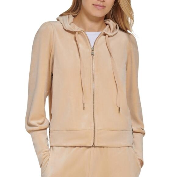 DKNY Full-Zip Hoodie Long Sleeve Elastic Hem Cuffs Velour Gold Tan Women's M NWT - Picture 1 of 11